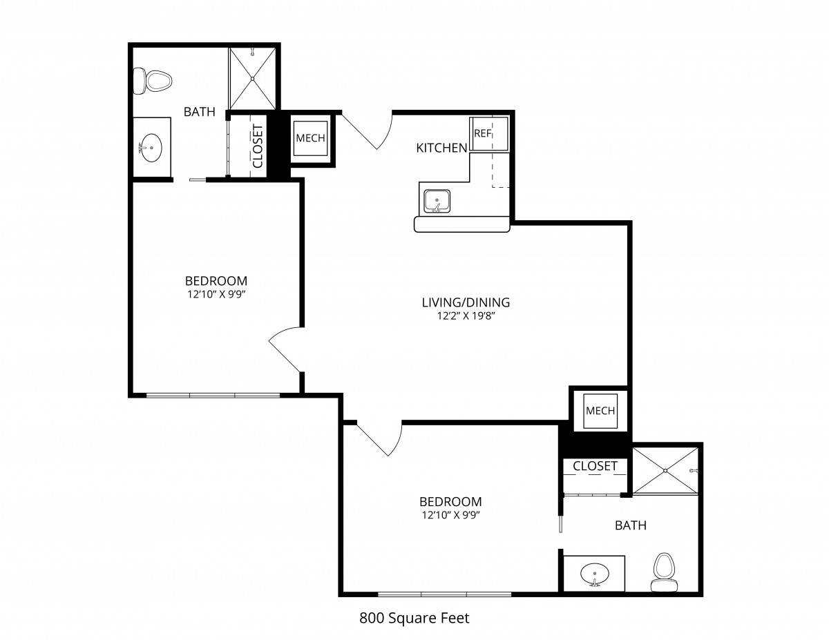 A two-bedroom, two-bathroom apartment floor plan with a living room and kitchen.