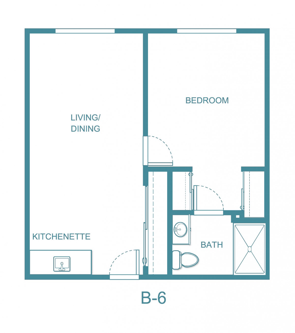 A floor plan layout featuring a living/dining area, kitchenette, bedroom, and bathroom.
