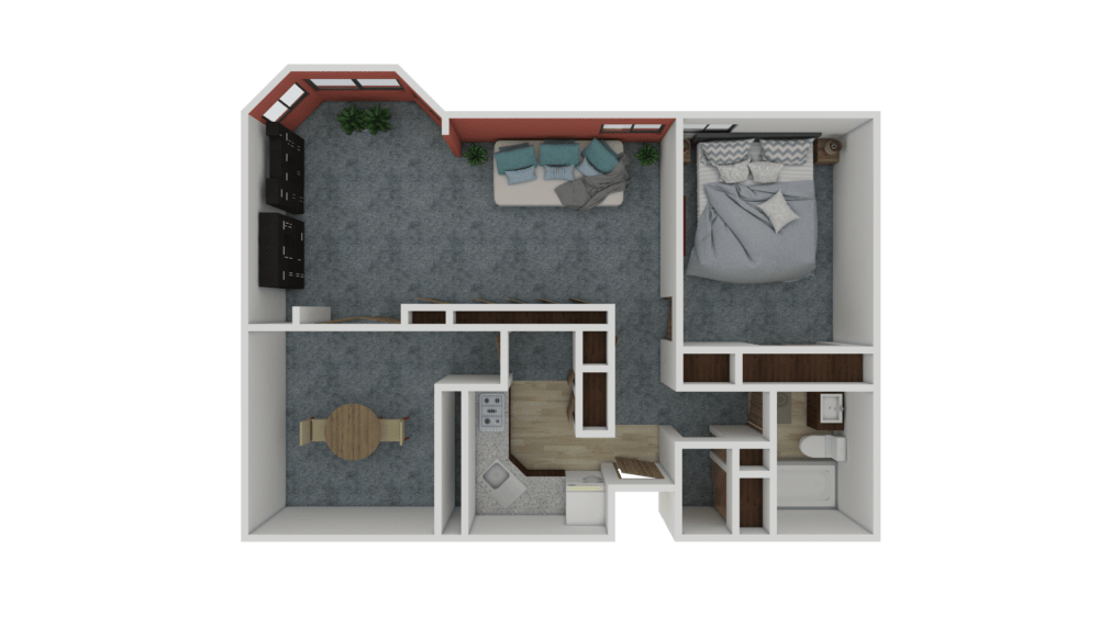 This image shows a one-bedroom apartment floor plan, featuring a living room, kitchen, bathroom, and bedroom.