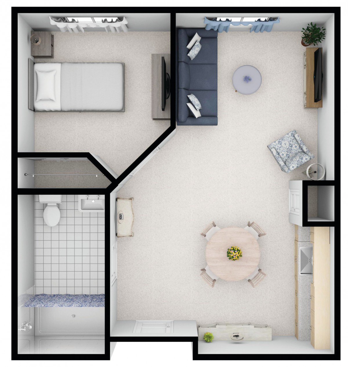 A top-down view of a small apartment floor plan featuring a bedroom, bathroom, and living area.