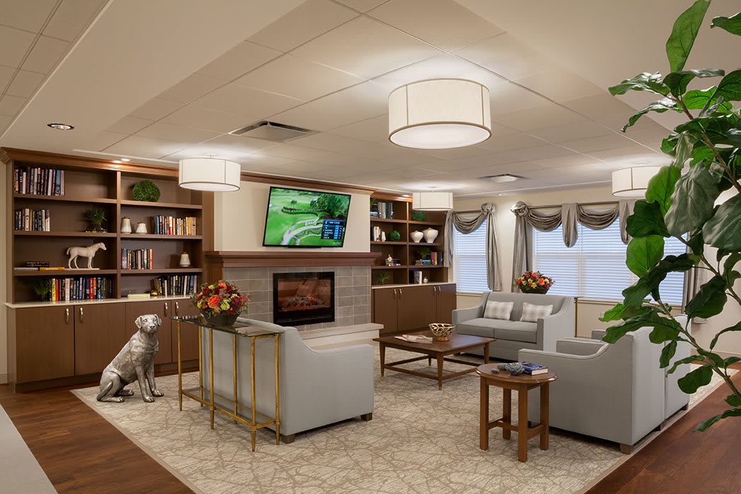 A cozy living room with elegant furniture, a fireplace, bookshelves, and a television.