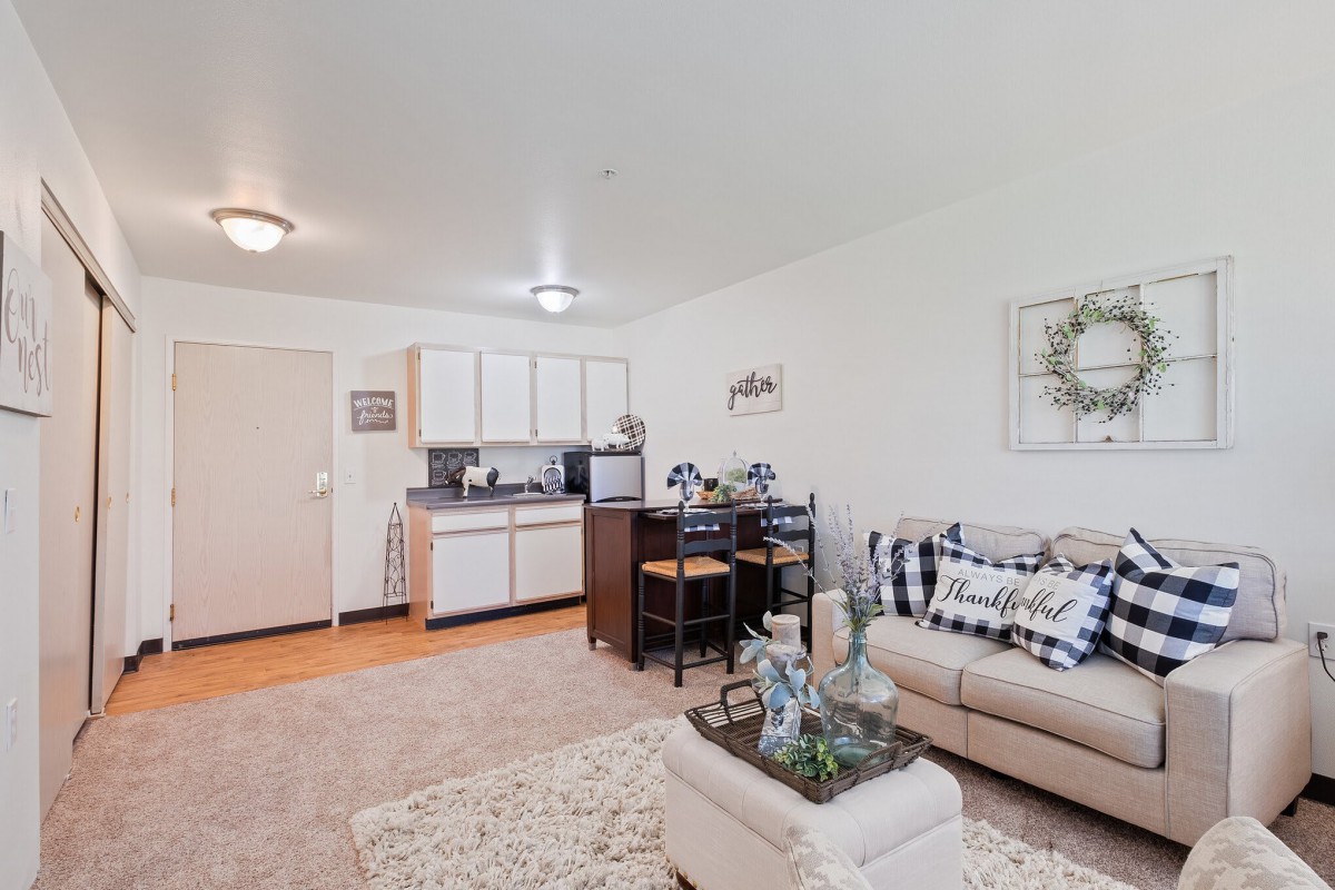 A cozy open-concept living room and kitchen with modern decor, featuring a comfortable sofa and small dining area.