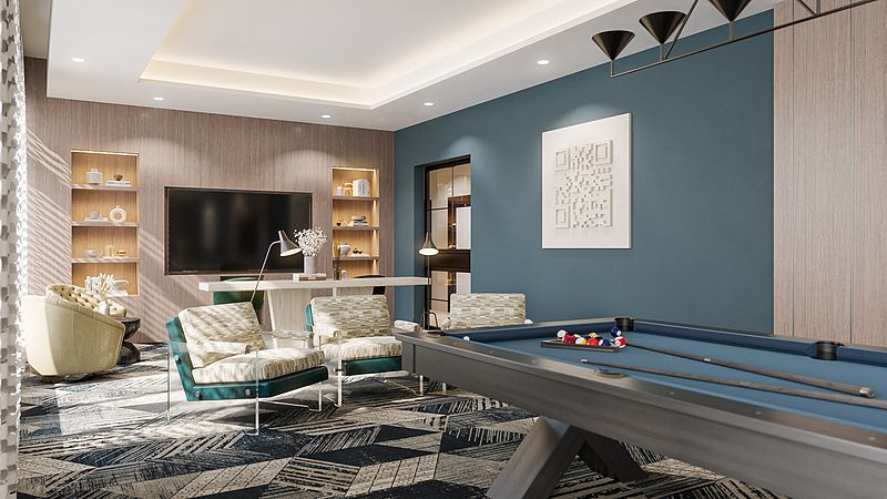 A stylish game room featuring a pool table, modern furniture, and a large TV.