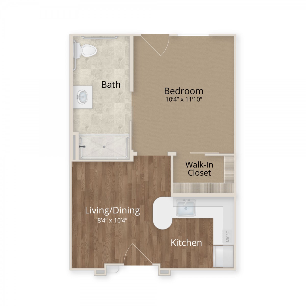 A one-bedroom apartment floor plan with designated areas for the kitchen, living/dining room, bathroom, and a walk-in closet.