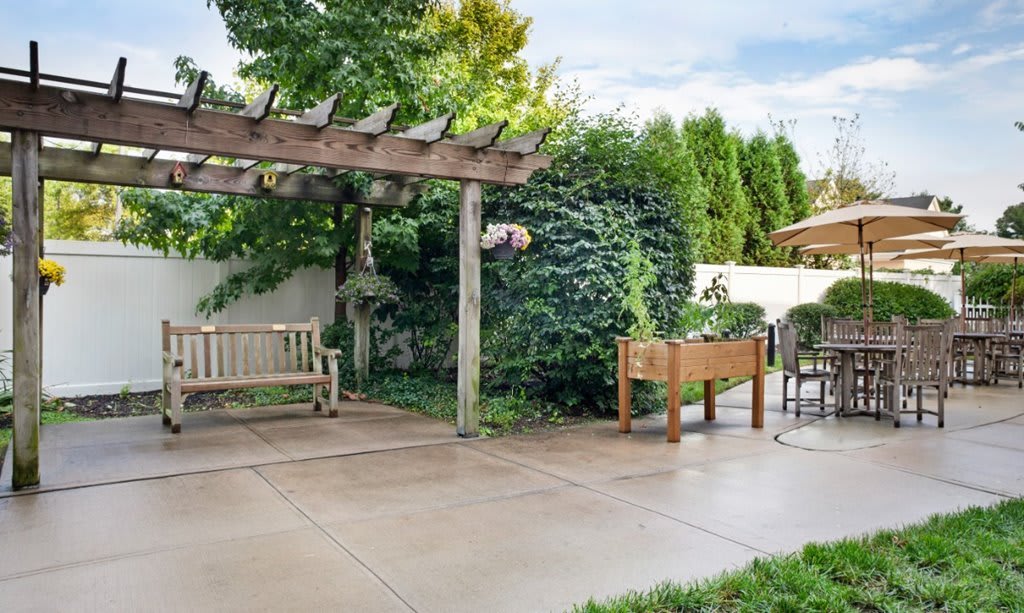 A tranquil garden patio featuring a wooden pergola, bench, and planter box amidst lush greenery.