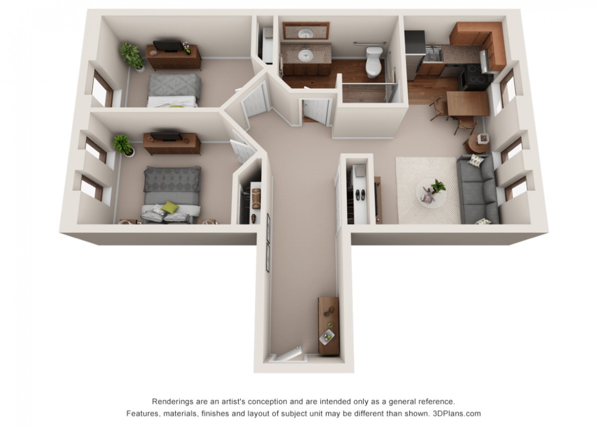 A 3D floor plan of a two-bedroom apartment, featuring an open living area and kitchen, two bedrooms, and a bathroom.