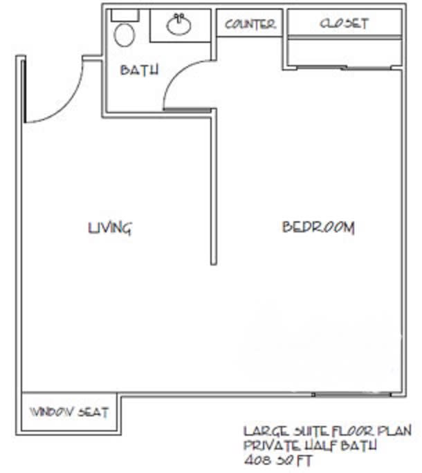 Studio apartment floor plan with living and sleeping areas, including a bathroom.
