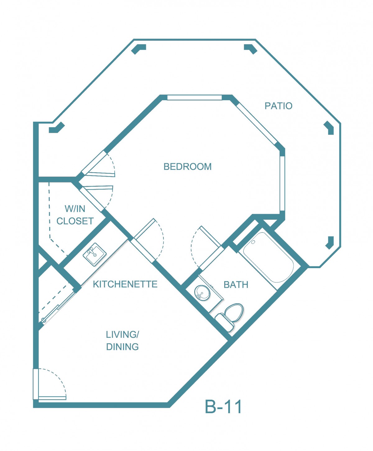 An architectural floor plan of a one-bedroom apartment with a living area, kitchenette, and bathroom.