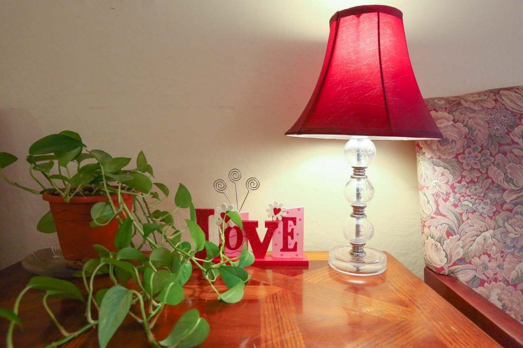 A cozy tabletop setup with a red lampshade, indoor plant, and decorative 'LOVE' sign.