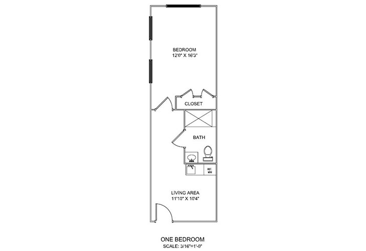 One-bedroom apartment floor plan with living area, closet, and bathroom.