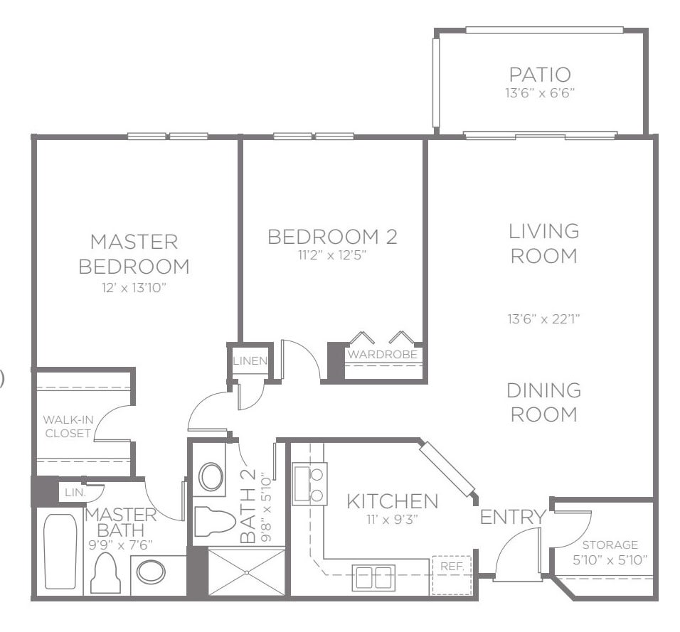 This floor plan shows a two-bedroom apartment layout with a living room, dining area, kitchen, bathroom, and balcony.