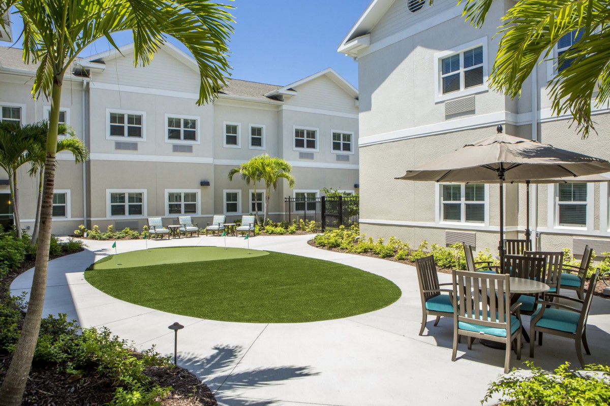 A sunny courtyard with a landscaped garden, surrounded by a modern building.