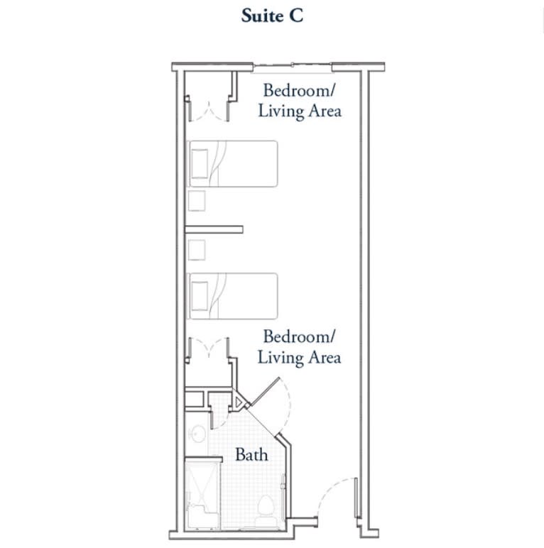 Floor plan of Suite C depicting two bedroom/living areas and a bath.