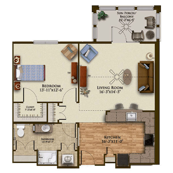 A one-bedroom apartment floor plan featuring a living room, kitchen, bathroom, and balcony.