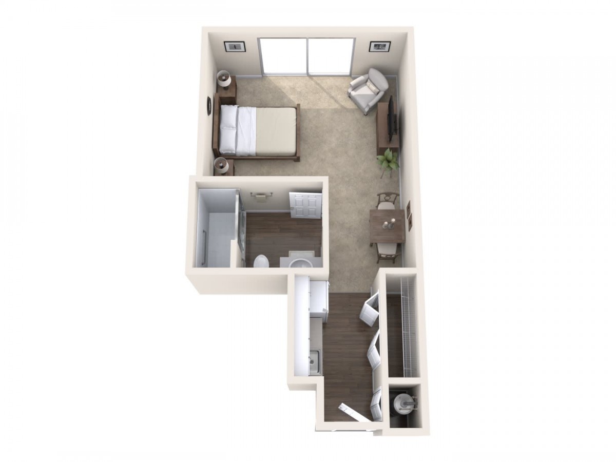 1-bedroom apartment floor plan with a compact and efficient layout.