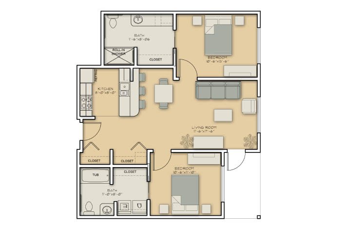 An apartment floor plan showing a detailed layout of rooms and furniture arrangement.