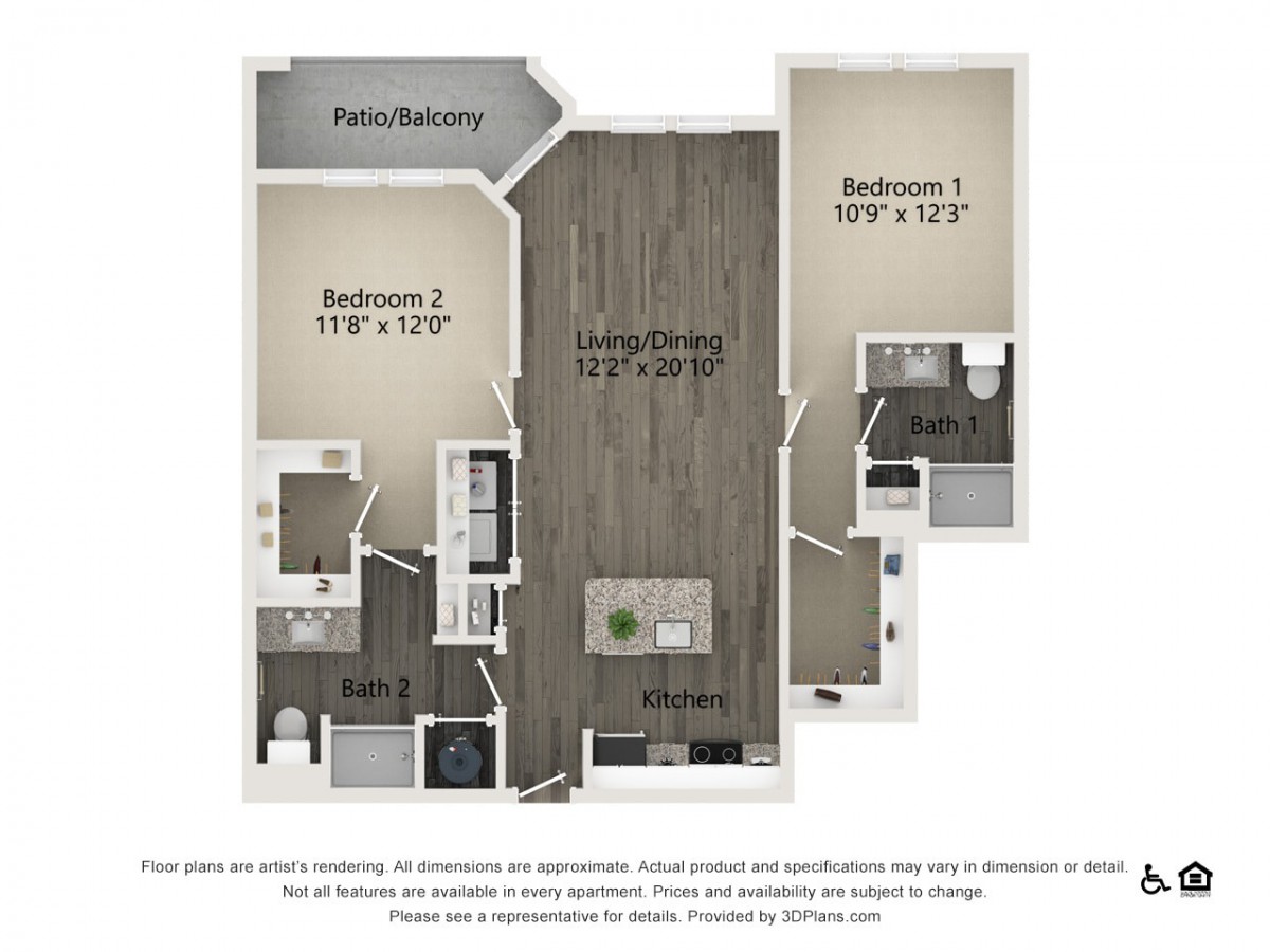 A floor plan of a two-bedroom apartment showing the layout with dimensions for each room.