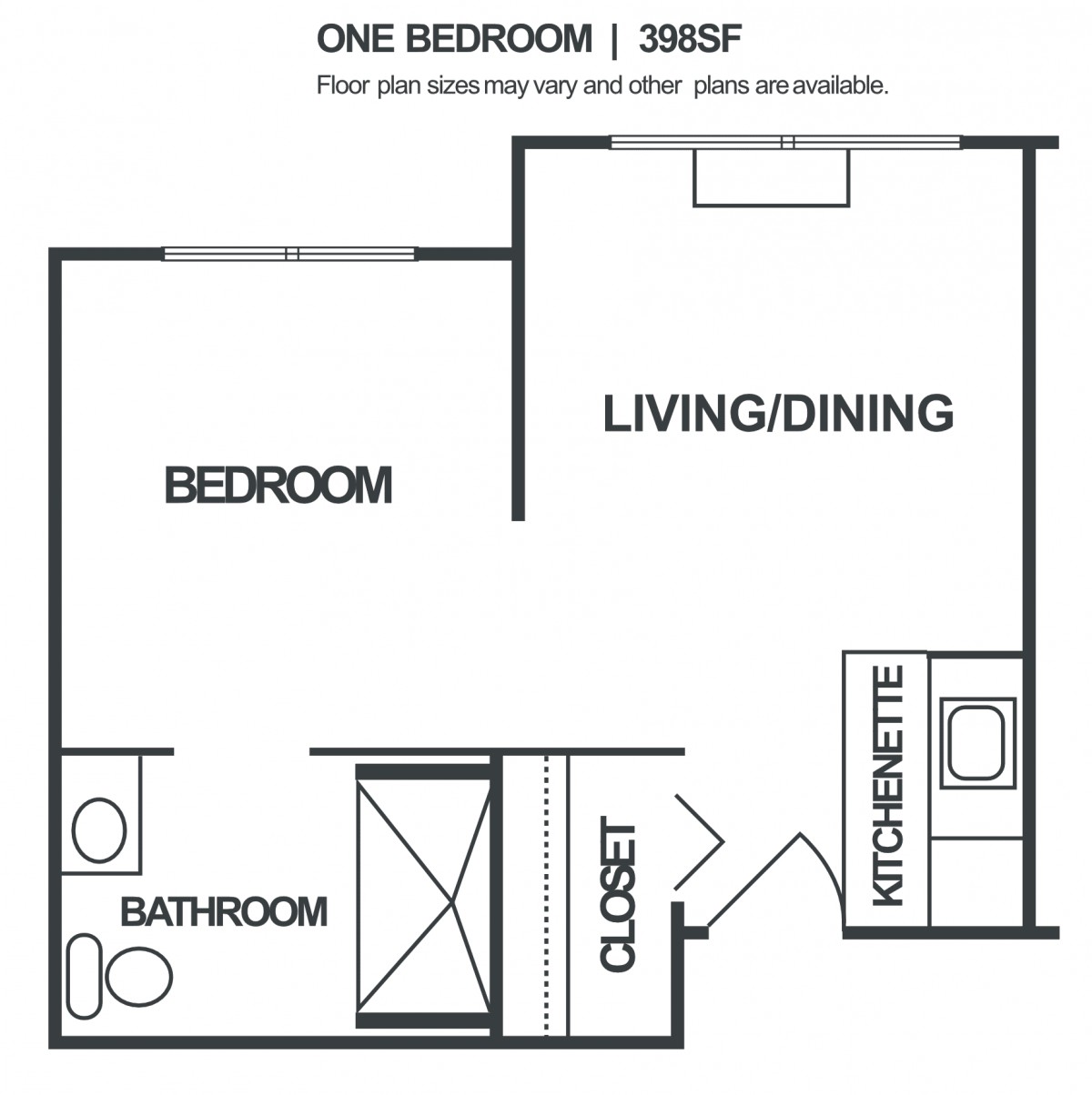A one-bedroom apartment floor plan with a living/dining area, kitchenette, bathroom, and closet.