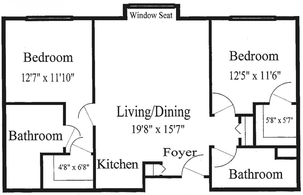 A 2-bedroom apartment floor plan featuring a living/dining area, kitchen, bathroom, and window seat.