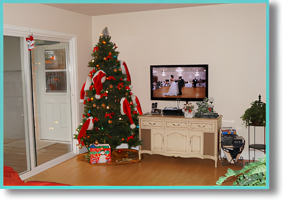 A cozy living room decorated for the holidays with a Christmas tree and a television displaying a dance scene.