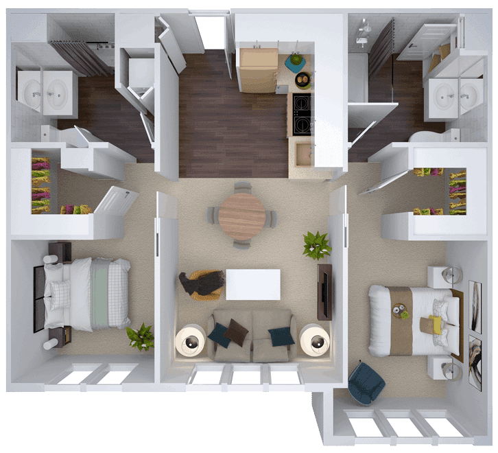 A detailed floor plan of a two-bedroom apartment with a central living area and kitchen.