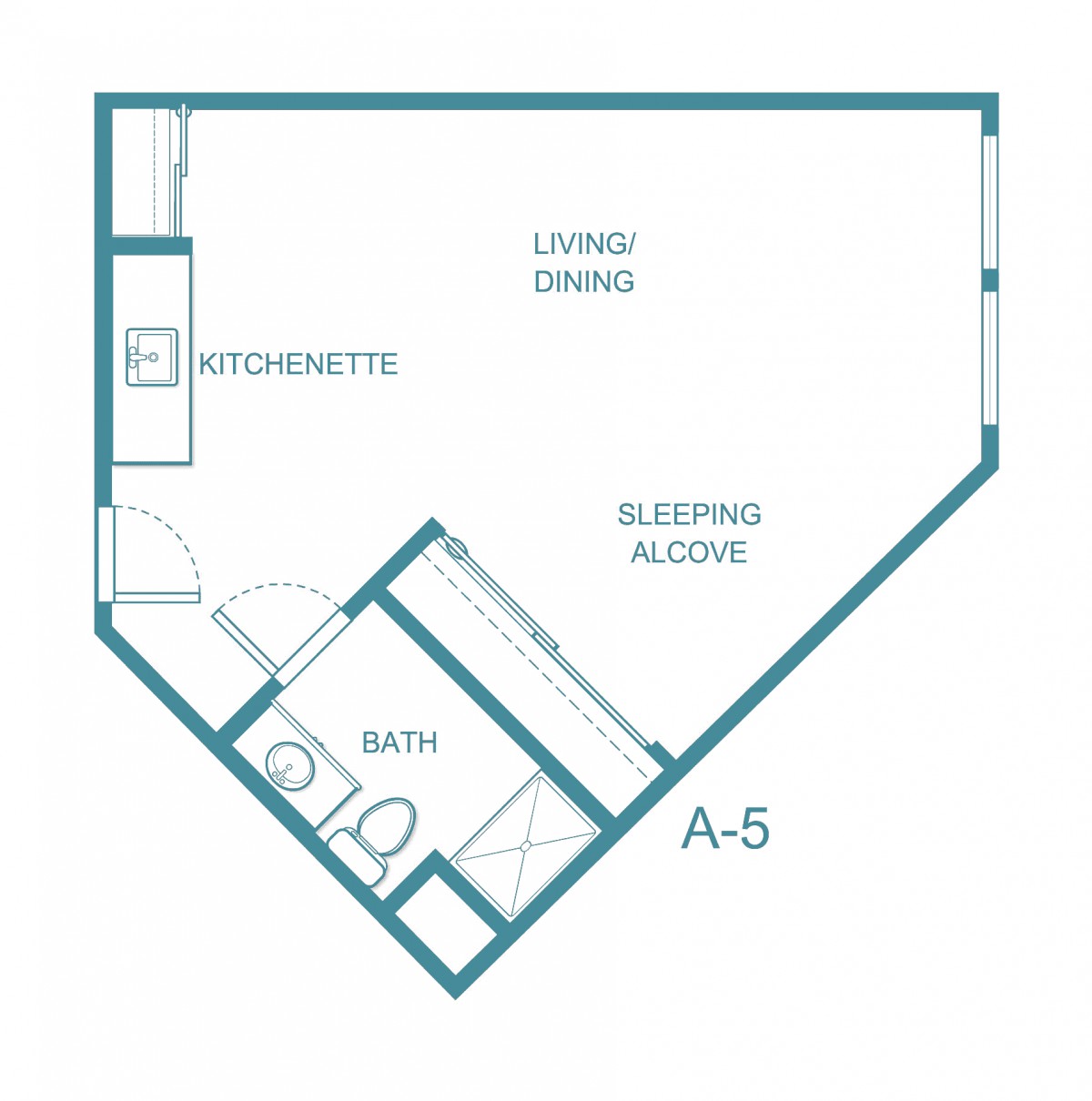 A simple floor plan of a studio apartment with kitchenette, living/dining area, sleeping alcove, and bathroom.