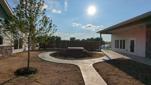 A sunny garden landscape featuring a circular concrete pathway and a raised platform.
