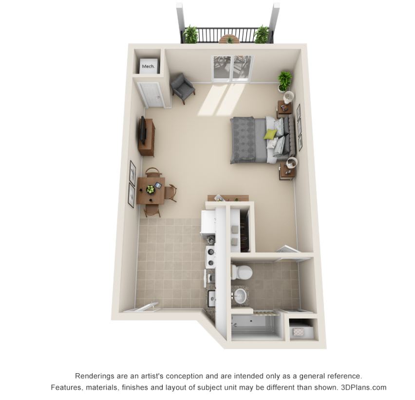 3D floor plan of a studio apartment showcasing a compact and efficient layout.