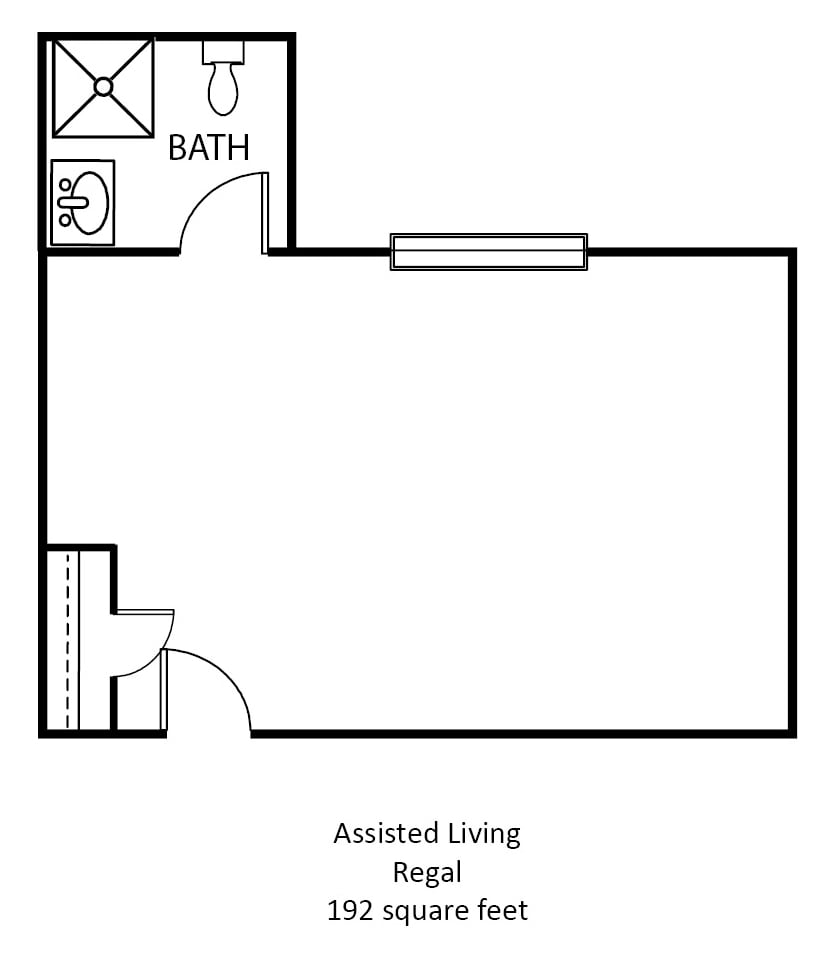 Floor plan of an assisted living unit with a bathroom and main living area.