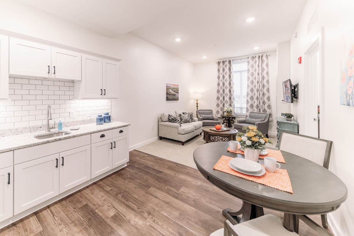 A modern, cozy apartment living area with a kitchenette and stylish decor.