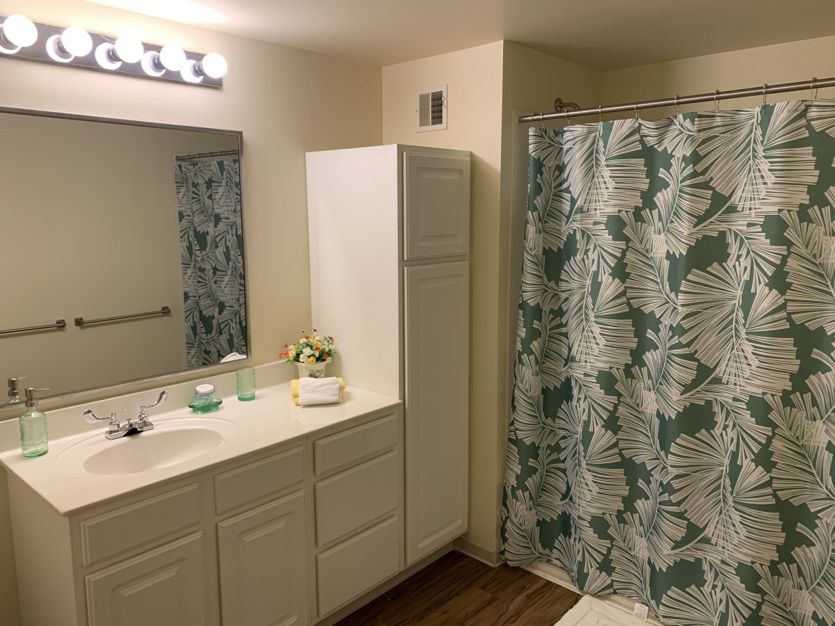 A clean and organized bathroom featuring a large mirror, sink, and a shower with a leafy curtain.