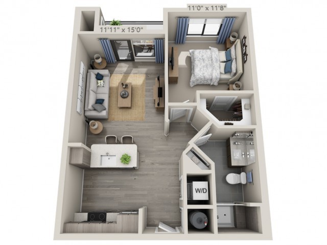 A modern one-bedroom apartment floor plan featuring a living room, kitchen, and bathroom.