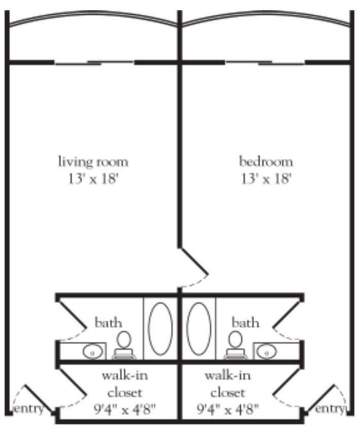 A floor plan of a two-bedroom apartment with separate living rooms, bedrooms, bathrooms, and walk-in closets.