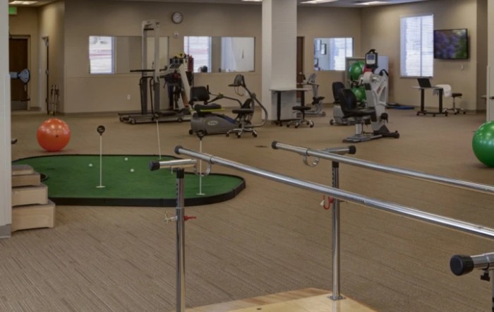 A rehabilitation facility equipped with gym equipment and a putting green.