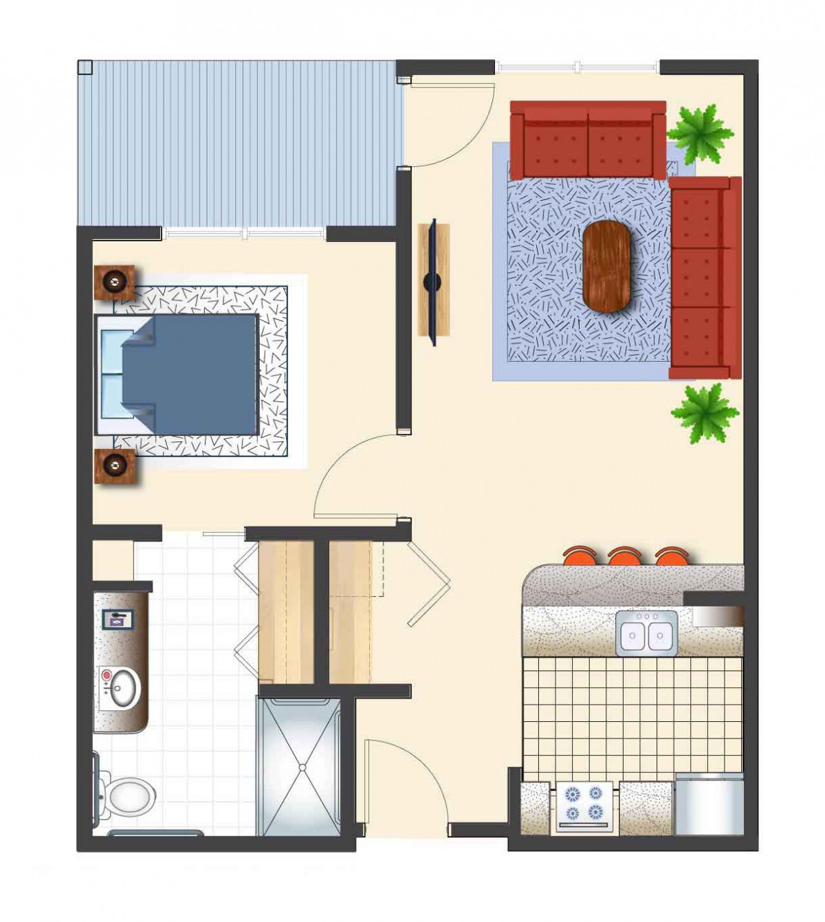 A floor plan of a one-bedroom apartment featuring a kitchen, living room, bedroom, and bathroom.