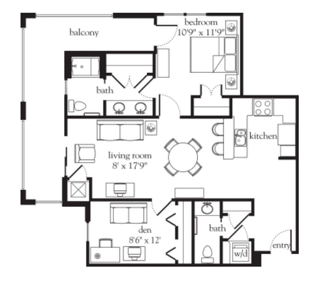 A detailed floor plan of a two-bedroom, two-bathroom apartment with a living room, kitchen, and balcony.