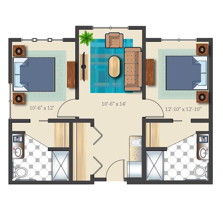 A floor plan of a two-bedroom apartment featuring a central living room and two bathrooms.
