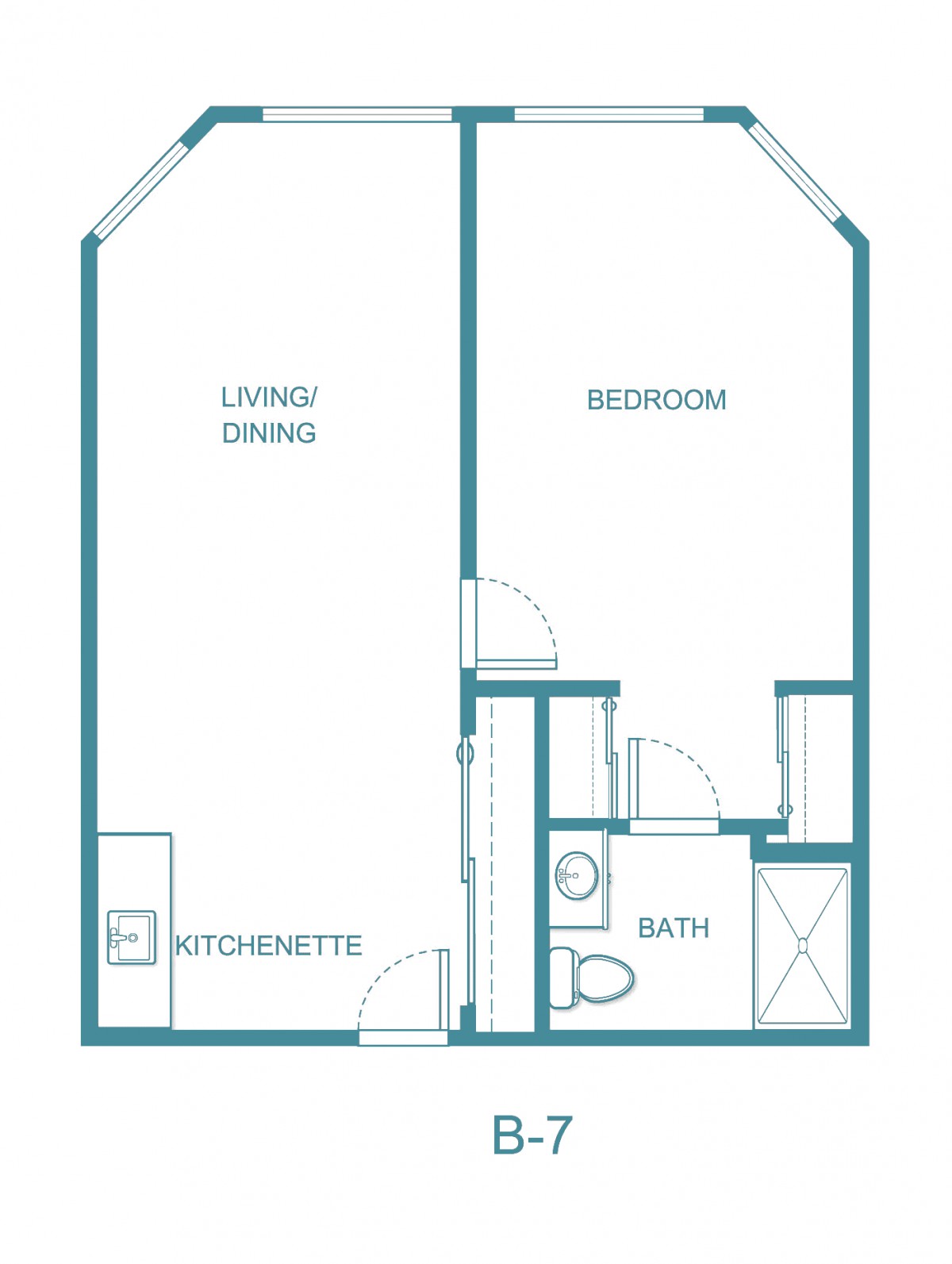 Simple one-bedroom apartment floor plan with bathroom, kitchenette, and living/dining area.