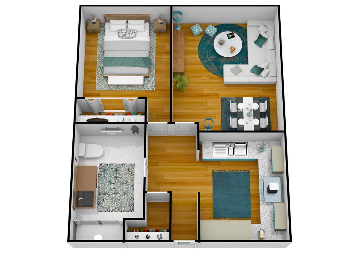 A 3D floor plan of a modern apartment featuring a living room, bedroom, kitchen, and bathroom.
