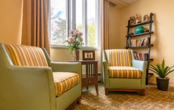 A cozy living room with two striped chairs, a small wooden table, flowers, and a bookshelf by the window.