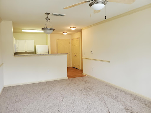 A spacious and well-lit apartment living area featuring a kitchen in the background.