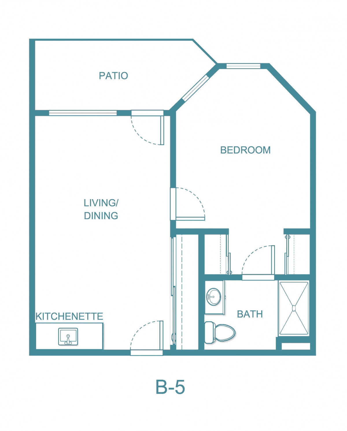 A floor plan of a one-bedroom apartment with a kitchenette, living/dining area, bathroom, and patio.