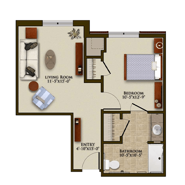 This is a one-bedroom apartment floor plan featuring a living room, kitchen, and bathroom.
