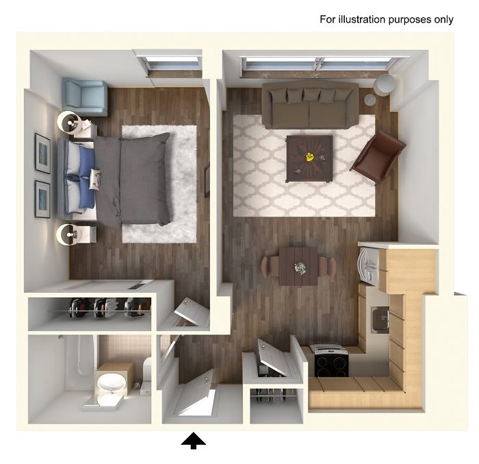 A cozy apartment floor plan featuring a bedroom, living room, and kitchen area.