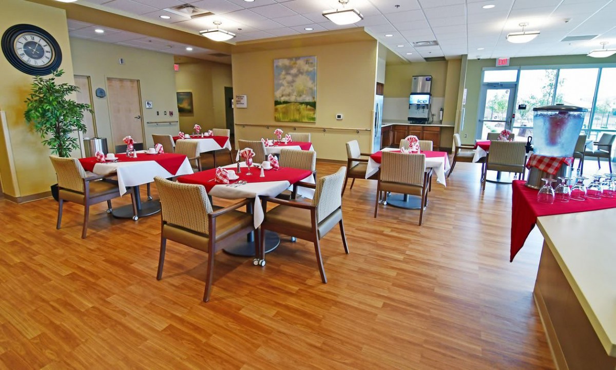 A neatly set dining room with tables covered in red and white tablecloths.