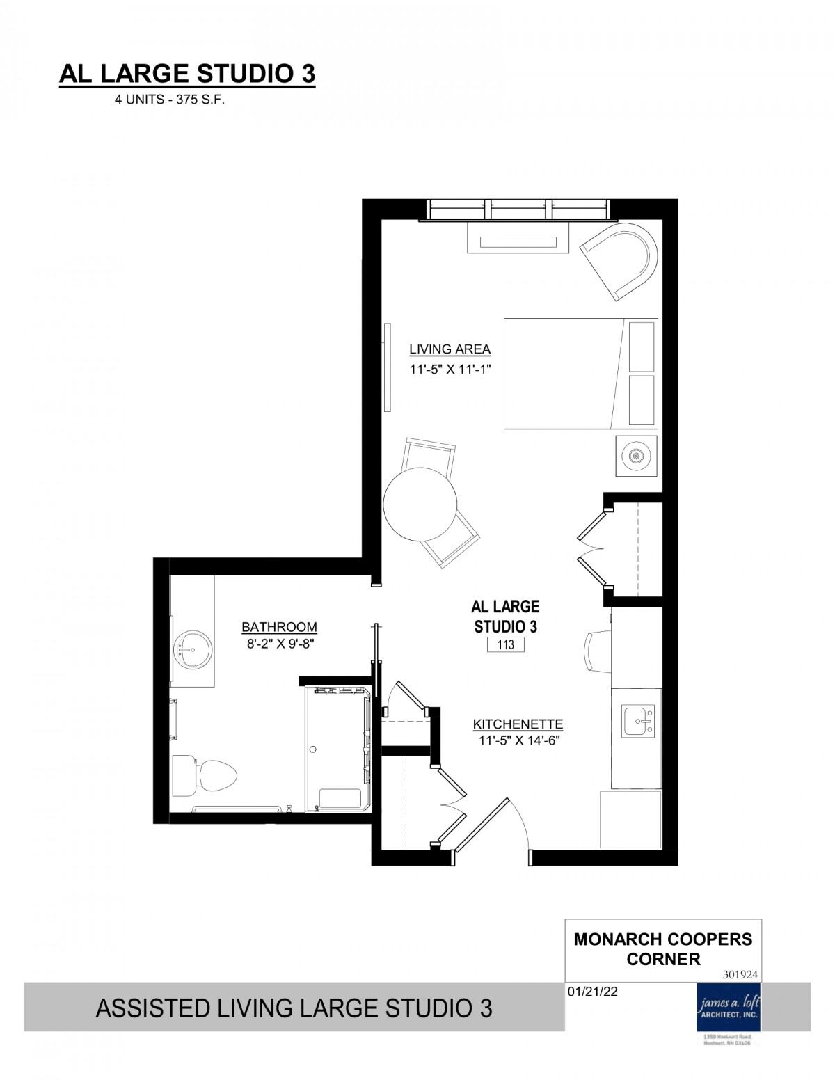A floor plan of a modern apartment featuring a bedroom, bathroom, living room, and kitchen area.