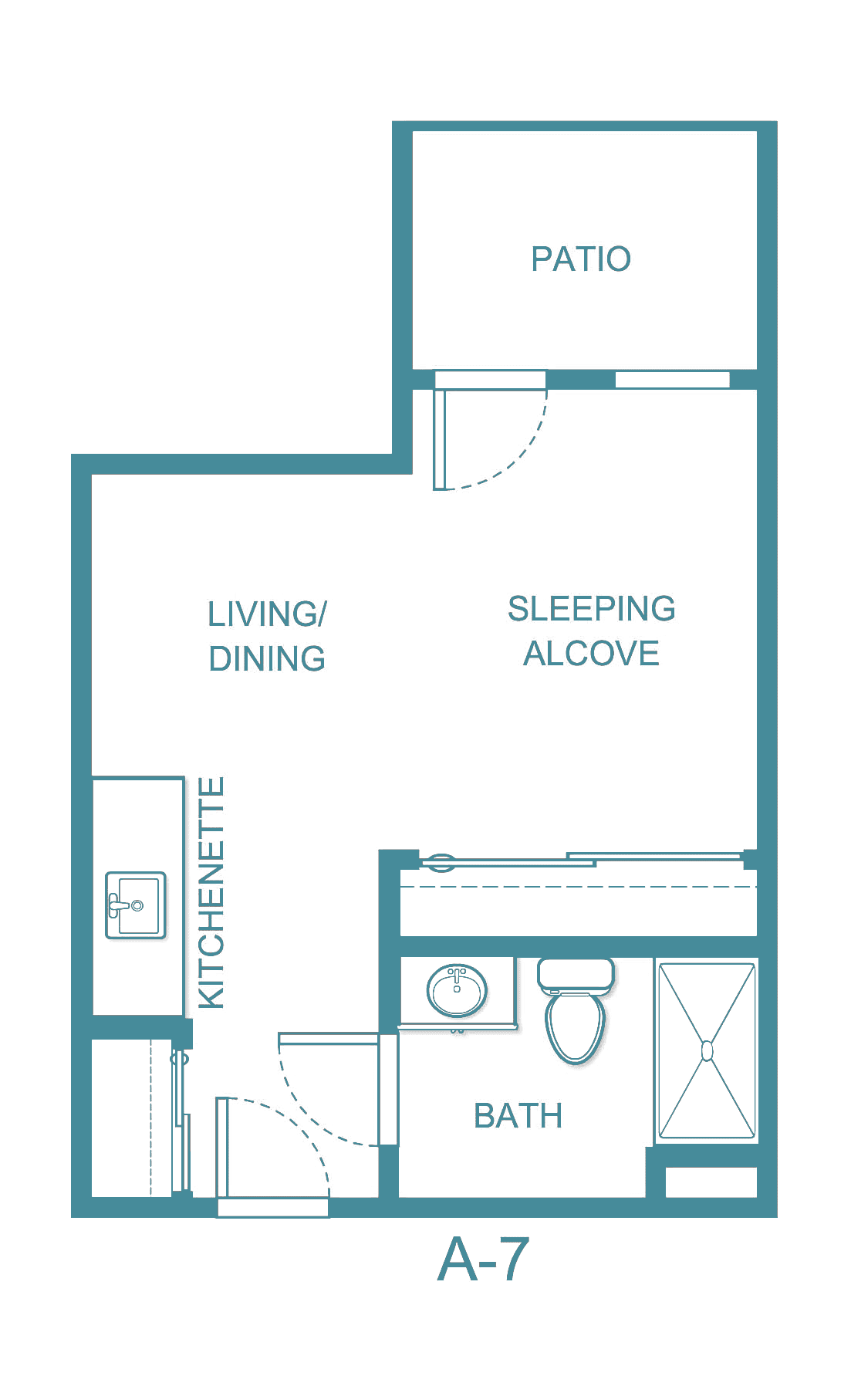 Studio apartment floor plan with living/dining area, kitchenette, bathroom, and sleeping alcove.