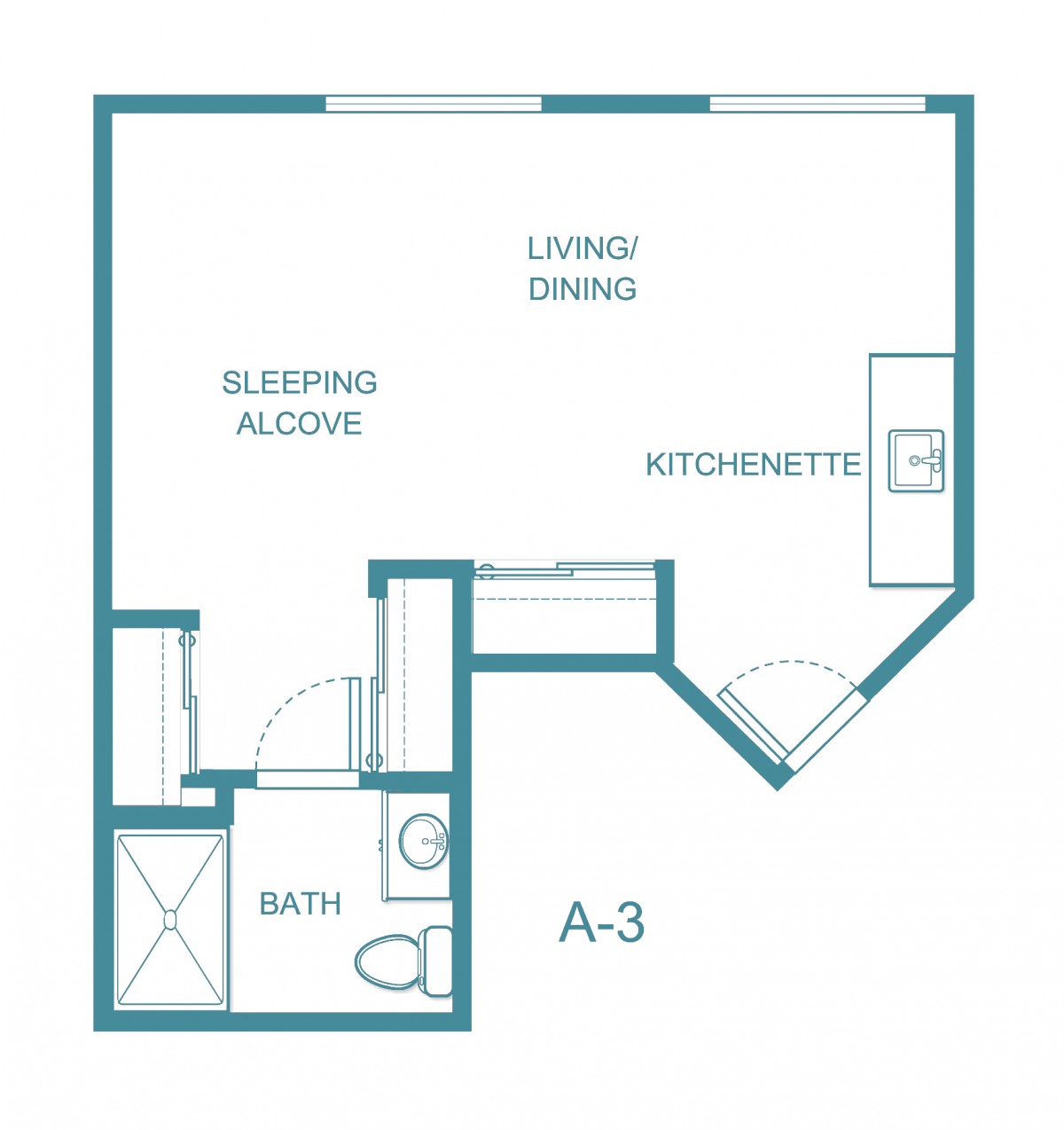 Studio apartment floor plan with a kitchenette and sleeping alcove.
