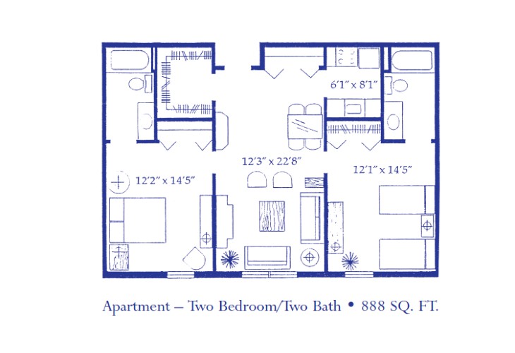 Apartment floor plan featuring two bedrooms and two bathrooms.