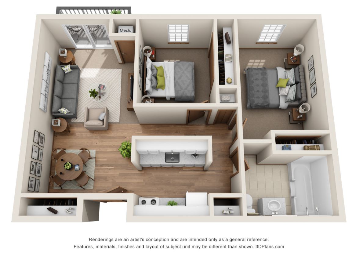3D floor plan of a two-bedroom apartment, showcasing the arrangement of rooms including a living area, kitchen, and bathroom.